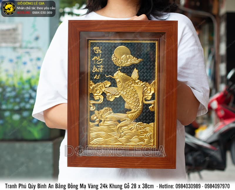 Tranh Phú Quý Bình An bằng đồng mạ vàng 24k khung gỗ 28x38cm