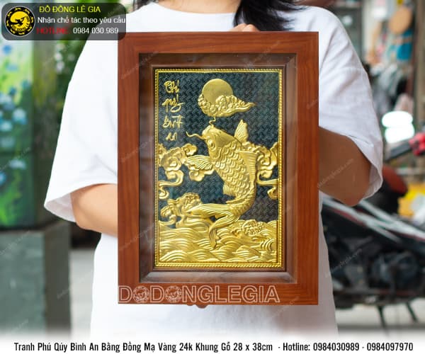 Tranh Phú Quý Bình An bằng đồng mạ vàng 24k khung gỗ 28x38cm