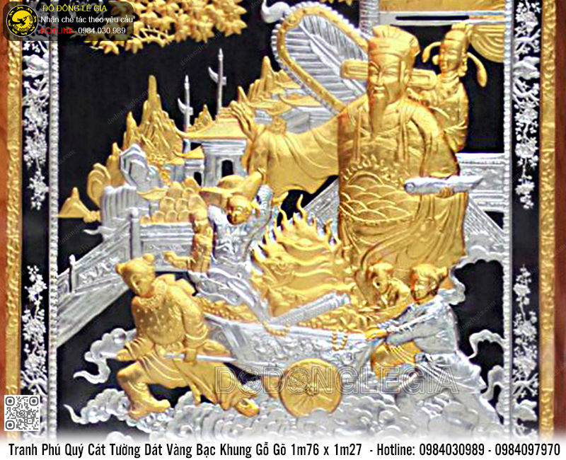 Tranh Phú Quý Cát Tường Dát Vàng, Bạc Khung Gỗ Gõ 1m76 x 1m27