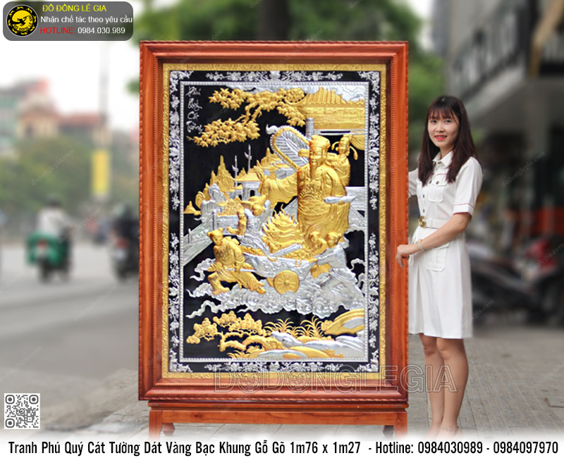 Tranh Phú Quý Cát Tường Dát Vàng, Bạc Khung Gỗ Gõ 1m76 x 1m27