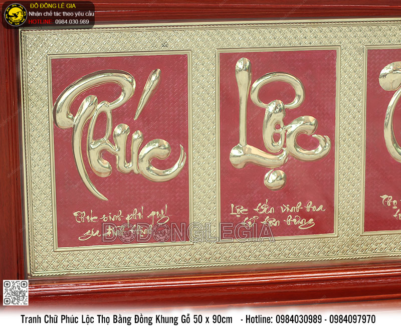 Tranh Chữ Phúc Lộc Thọ bằng đồng khung gỗ 50 x 90cm