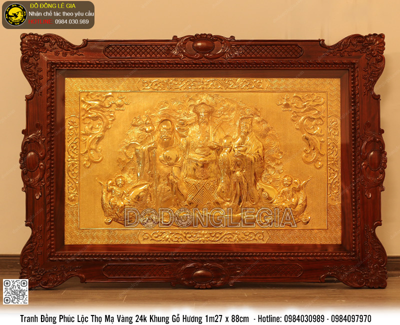 Tranh Tam Đa Phúc Lộc Thọ mạ vàng 24k khung gỗ hương 1m27 x 88cm