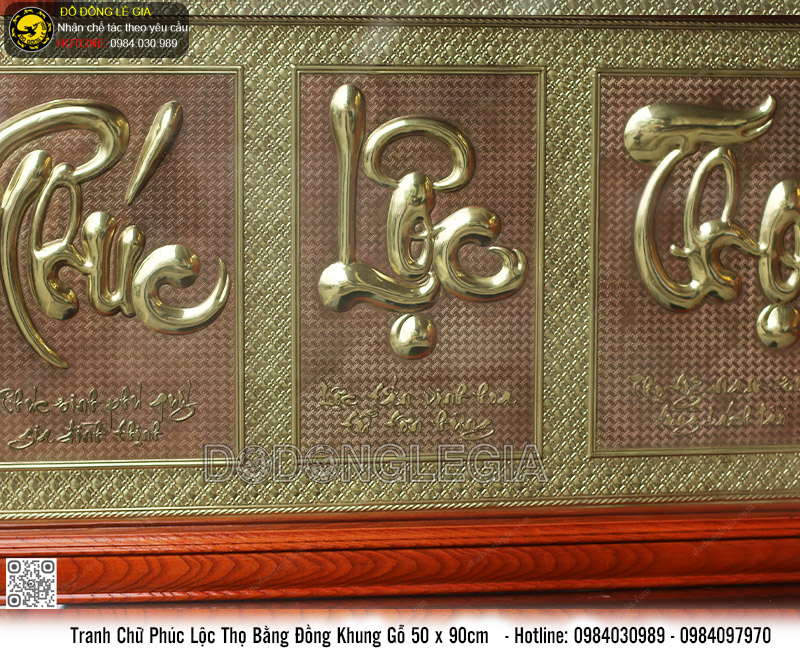 Tranh Chữ Phúc Lộc Thọ Bằng Đồng Khung Gỗ 50 x 90cm