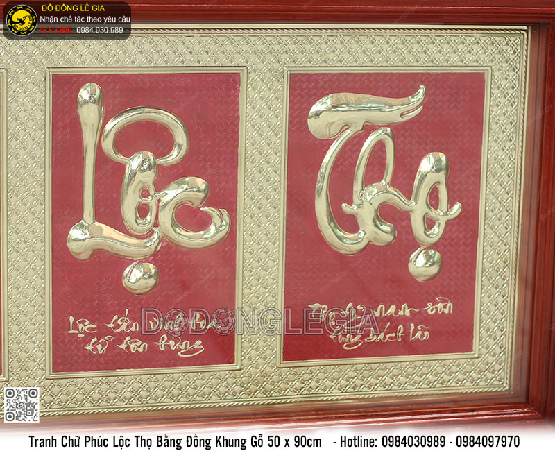 Tranh Chữ Phúc Lộc Thọ bằng đồng khung gỗ 50 x 90cm