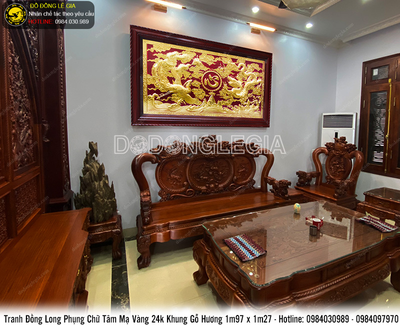 Tranh Đồng Long Phụng chữ Tâm mạ vàng 24k
