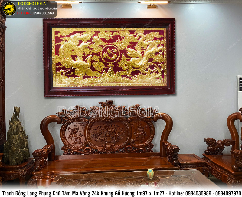 Tranh Đồng Long Phụng chữ Tâm mạ vàng 24k