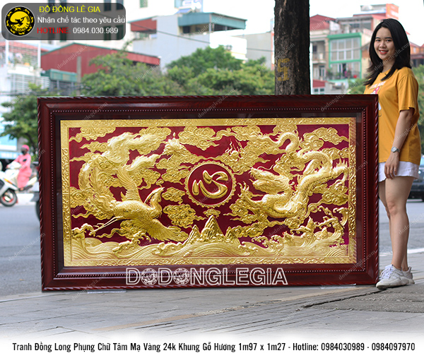 Tranh Đồng Long Phụng chữ Tâm mạ vàng 24k