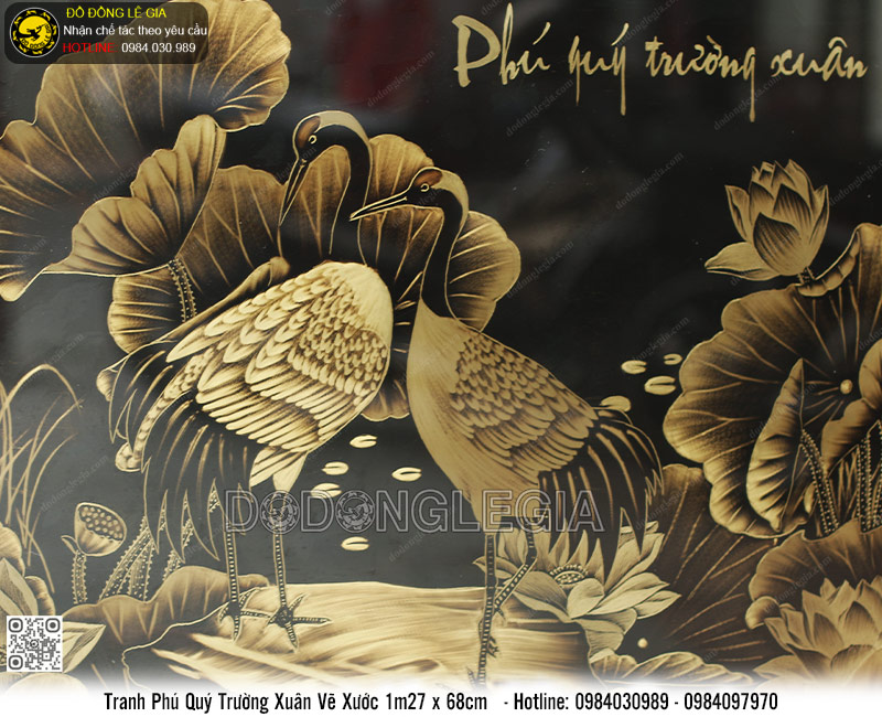 Tranh Sen Hạc Phú Quý Trường Xuân vẽ xước 1m27 x 68cm