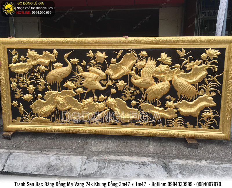 Tranh sen hạc bằng đồng phủ vàng 24k khổ lớn 3m47x1m47