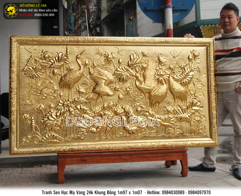 Tranh sen hạc bằng đồng phủ vàng 24k KT 1m97x1m07