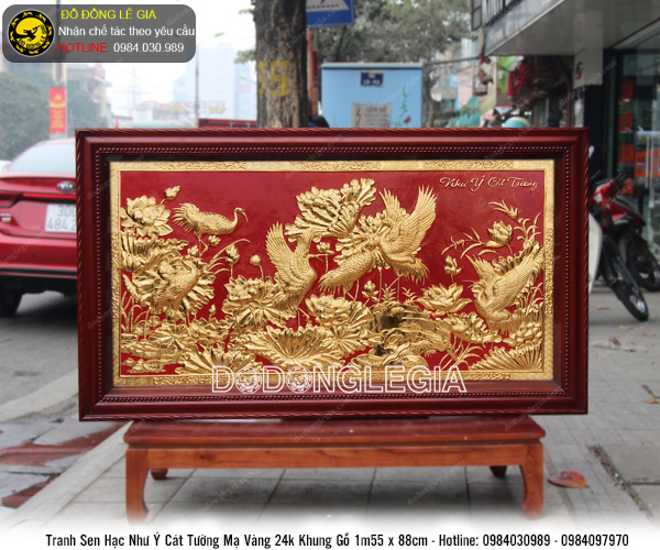 Tranh sen hạc Như Ý Cát Tường mạ vàng 24k