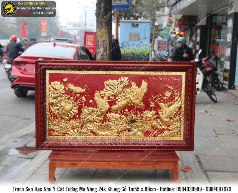 Tranh sen hạc Như Ý Cát Tường mạ vàng 24k