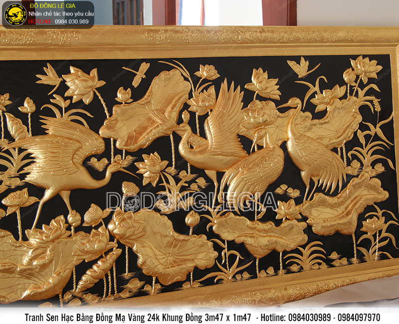 Tranh sen hạc bằng đồng phủ vàng 24k khổ lớn 3m47x1m47