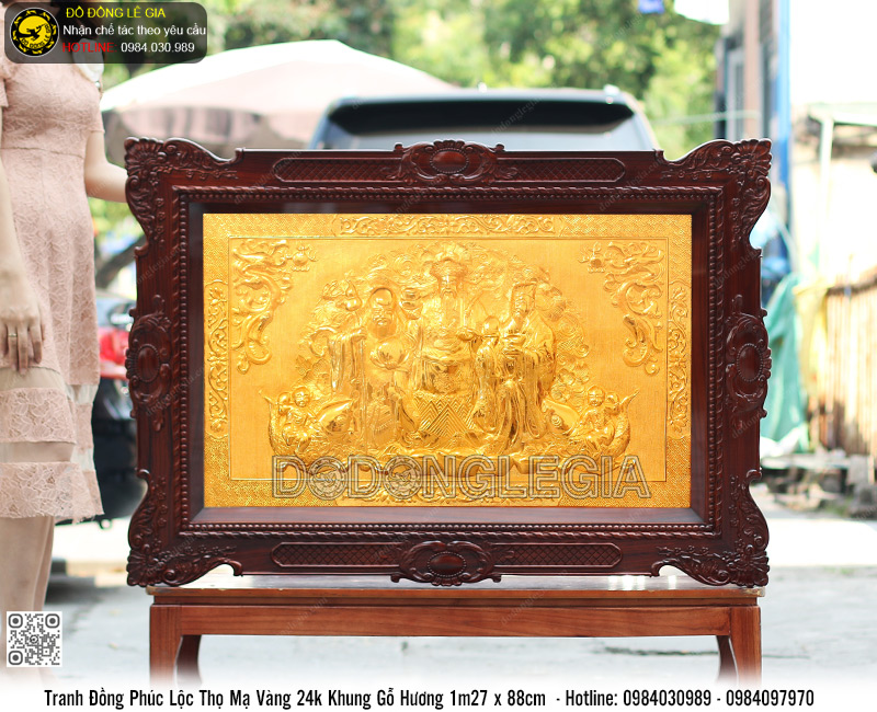 Tranh Tam Đa Phúc Lộc Thọ mạ vàng 24k khung gỗ hương 1m27 x 88cm