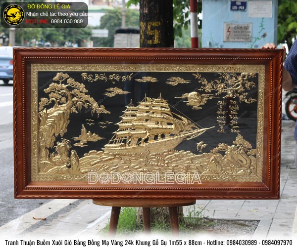 Tranh thuận buồm xuôi gió mạ vàng 24k khung gỗ gụ KT 1m55x88cm
