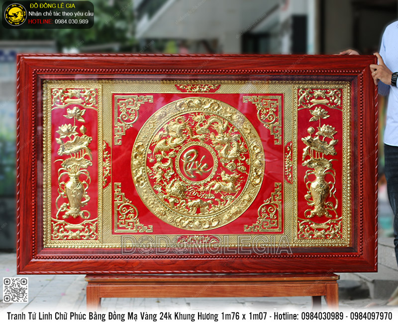 Tranh Tứ Linh Chữ Phúc bằng đồng mạ vàng 24k khung gỗ hương 1m76x1m07