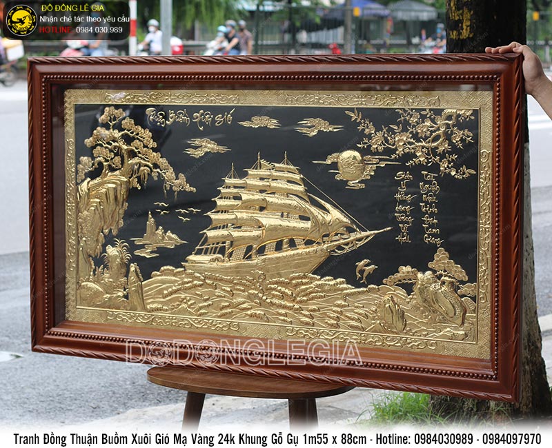 Tranh thuận buồm xuôi gió mạ vàng 24k khung gỗ gụ KT 1m55x88cm