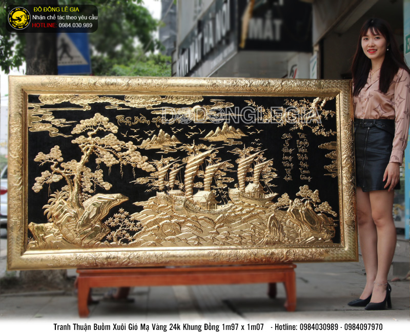 Tranh đồng thuận buồm xuôi gió khung đồng mạ vàng 24k kích thước 197x107cm
