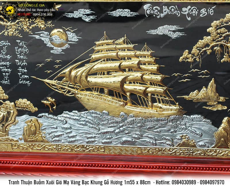 Tranh thuận buồm xuôi gió mạ vàng bạc khung gỗ hương 155x88cm
