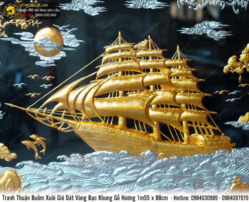 TRANH ĐỒNG THUẬN BUỒM XUÔI GIÓ DÁT VÀNG BẠC KHUNG GỖ HƯƠNG 1M55 X 88CM