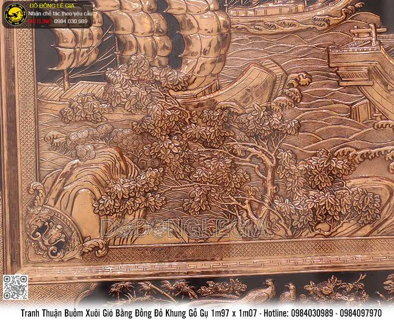Tranh Thuận Buồm Xuôi Gió bằng đồng đỏ khung gỗ gụ 1m97 x 1m07