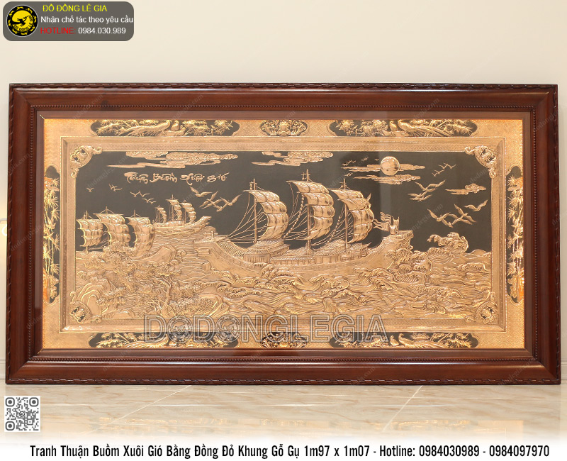Tranh Thuận Buồm Xuôi Gió bằng đồng đỏ khung gỗ gụ 1m97 x 1m07
