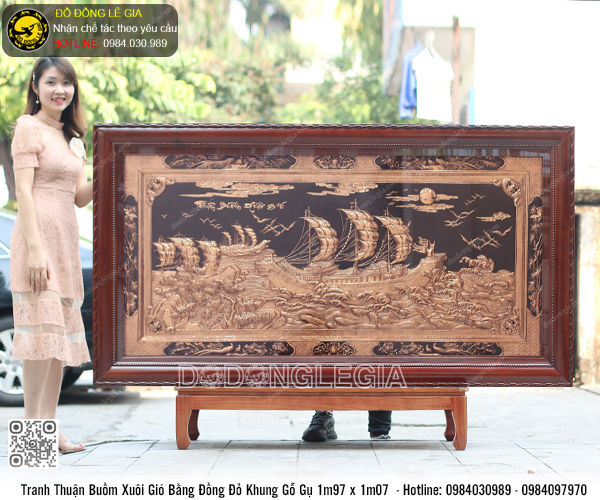 Tranh Thuận Buồm Xuôi Gió bằng đồng đỏ khung gỗ gụ 1m97 x 1m07