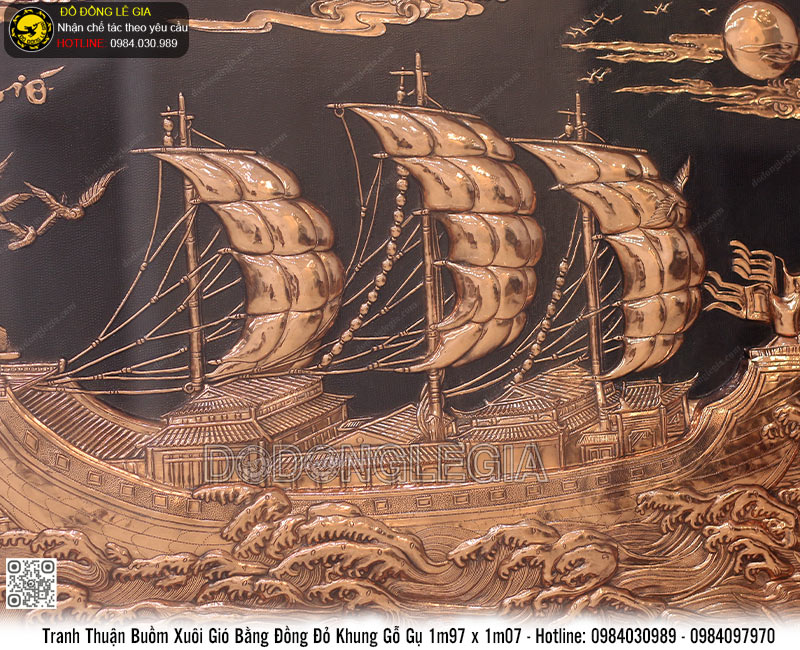 Tranh Thuận Buồm Xuôi Gió bằng đồng đỏ khung gỗ gụ 1m97 x 1m07