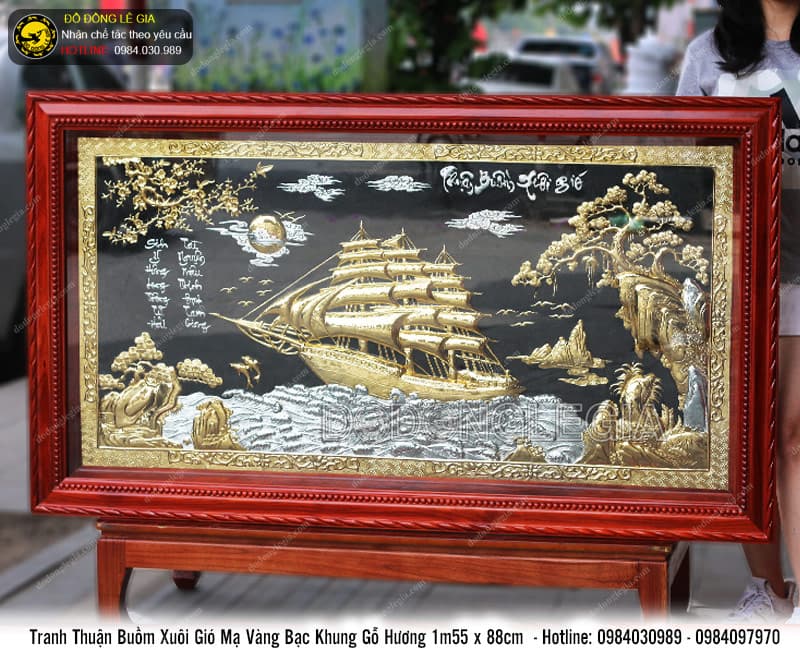 Tranh thuận buồm xuôi gió mạ vàng bạc khung gỗ hương 155x88cm
