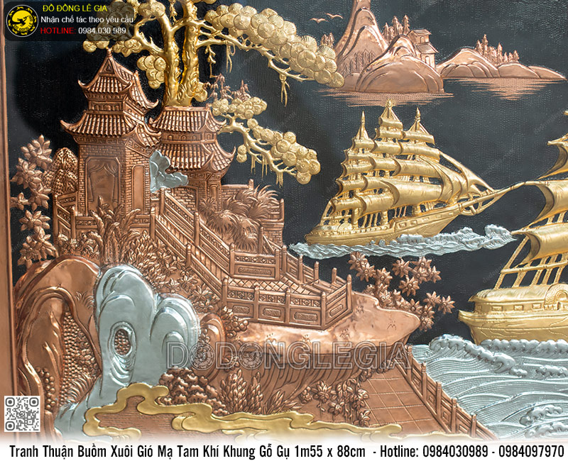 Tranh Thuyền mạ tam khí khung gỗ gụ 1m55 x 88cm