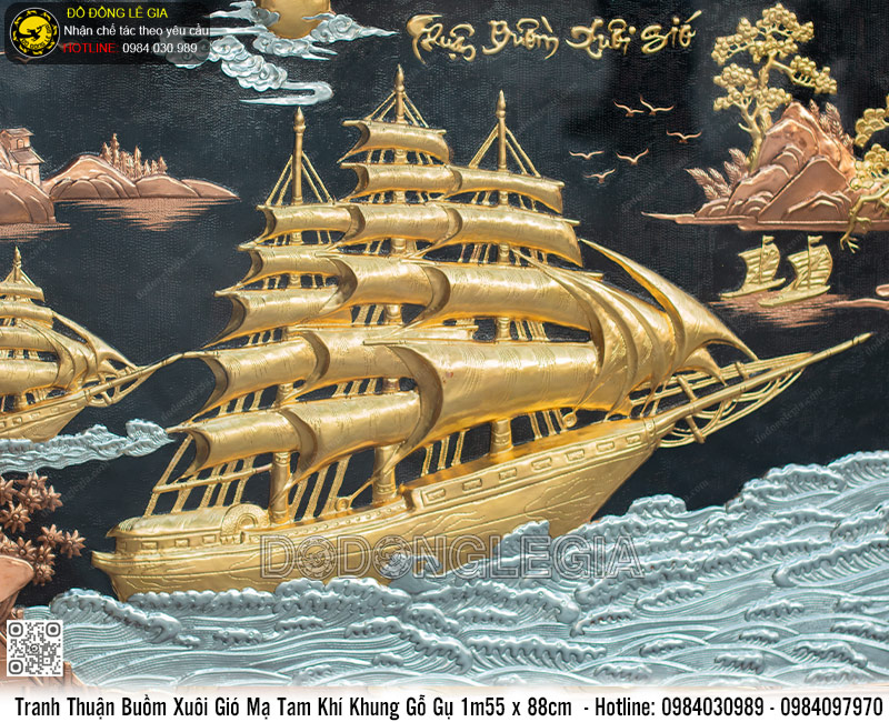 Tranh Thuyền mạ tam khí khung gỗ gụ 1m55 x 88cm