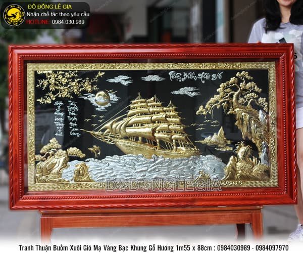 Tranh thuận buồm xuôi gió mạ vàng bạc khung gỗ hương 155x88cm