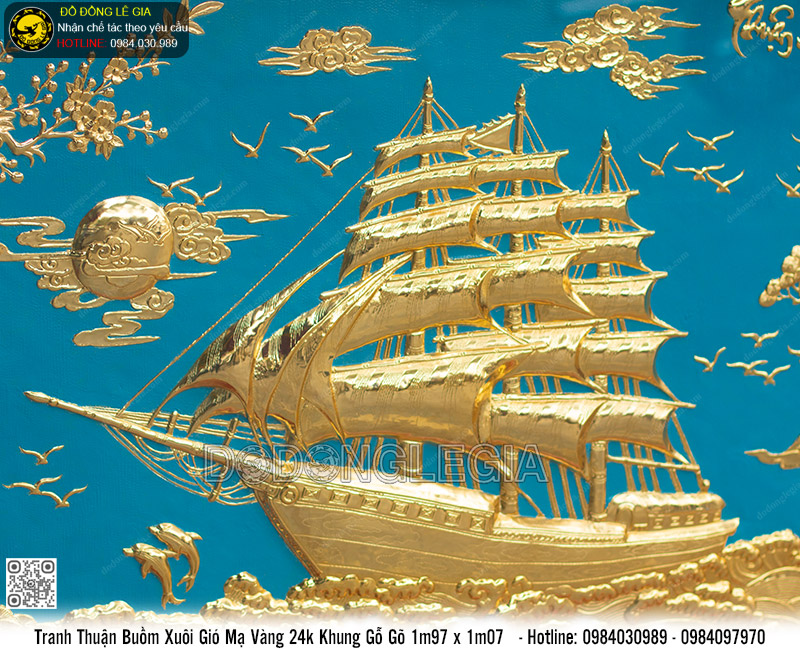 Tranh Thuận Buồm Xuôi Gió mạ vàng 24k khung gỗ gõ 1m97 x 1m07