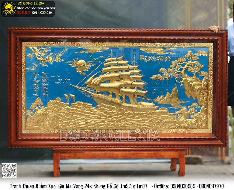 Tranh Thuận Buồm Xuôi Gió mạ vàng 24k khung gỗ gõ 1m97 x 1m07