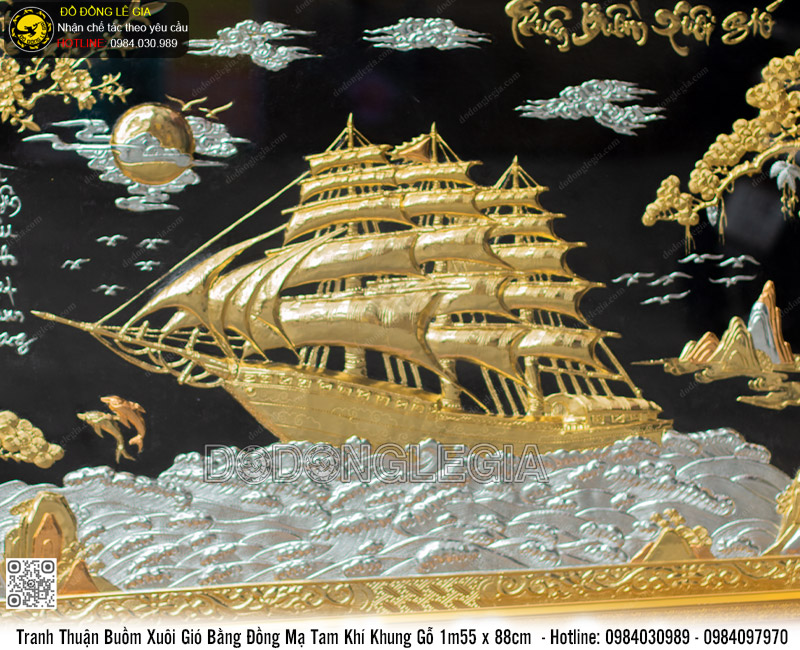 Tranh Thuận Buồm Xuôi Gió bằng đồng mạ tam khí khung gỗ 1m55 x 88cm
