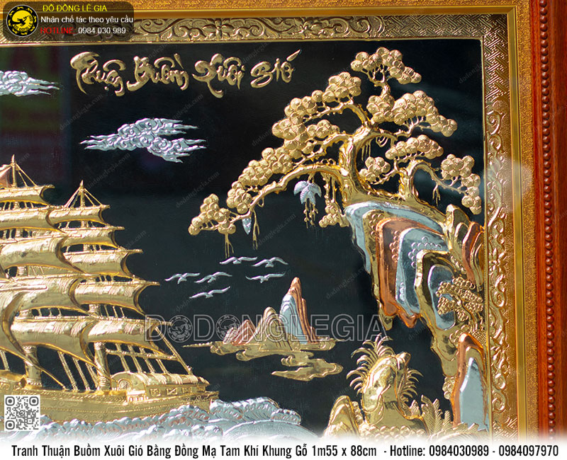 Tranh Thuận Buồm Xuôi Gió bằng đồng mạ tam khí khung gỗ 1m55 x 88cm