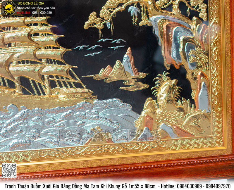 Tranh Thuận Buồm Xuôi Gió bằng đồng mạ tam khí khung gỗ 1m55 x 88cm