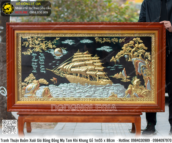 Tranh Thuận Buồm Xuôi Gió bằng đồng mạ tam khí khung gỗ 1m55 x 88cm