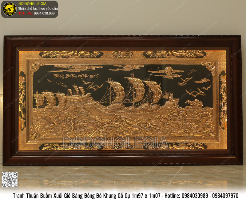 Tranh Thuận Buồm Xuôi Gió bằng đồng đỏ khung gỗ gụ 1m97 x 1m07