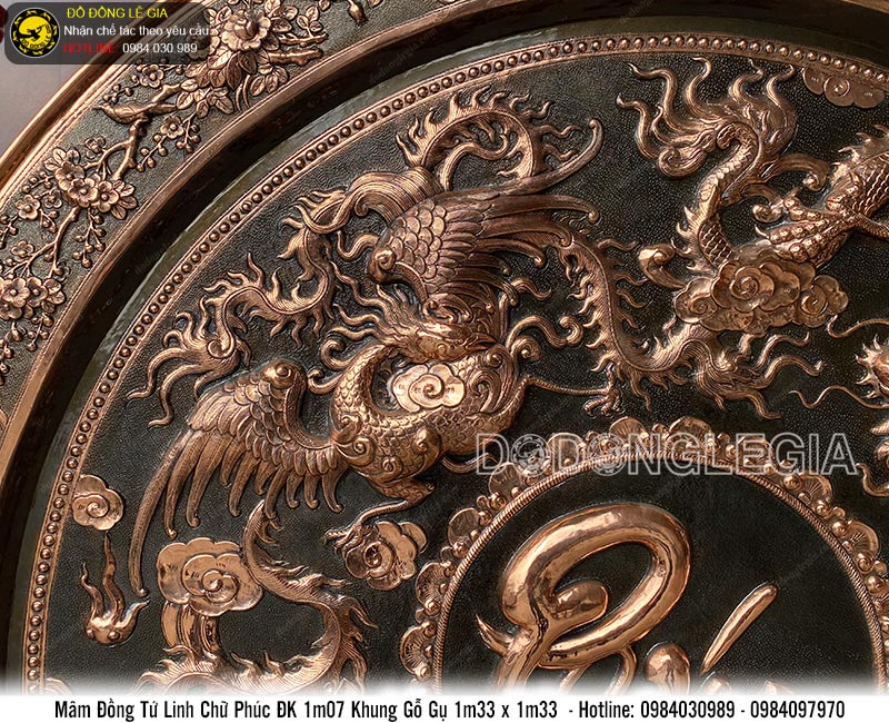Mâm đồng chữ Phúc chạm tứ linh bằng đồng đỏ khung gỗ gụ KT 1m33