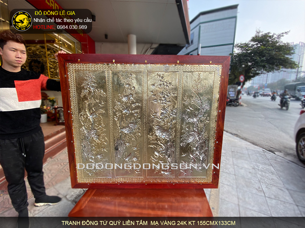 Tranh đồng tứ quý liền tấm mạ vàng 24k