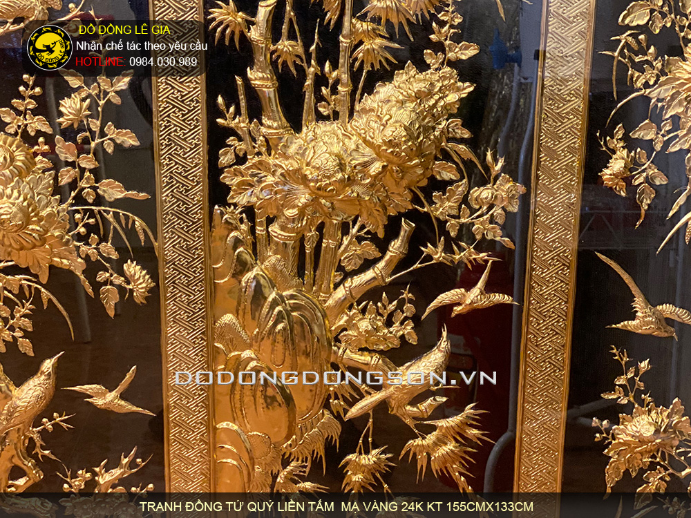 Tranh đồng tứ quý liền tấm mạ vàng 24k