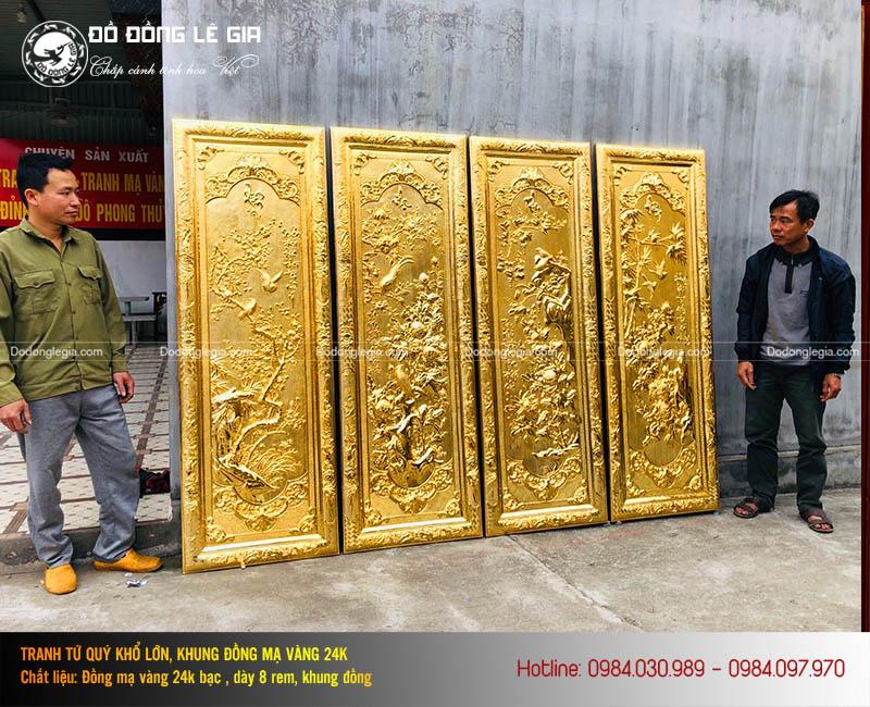 Tranh tứ quý bằng đồng mạ vàng 24k