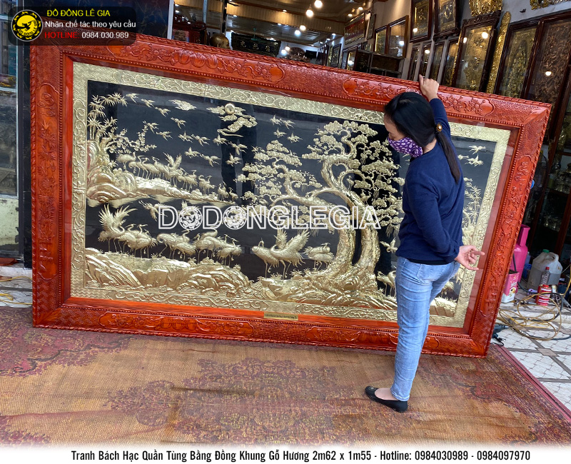 Tranh đồng Bác hạc quần tùng khung gỗ hương 