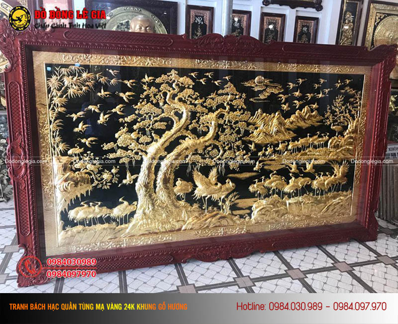 Tranh bách hạc quần tùng mạ vàng 24k