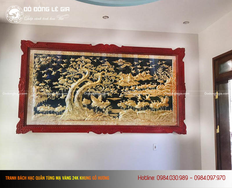 Tranh bách hạc quần tùng mạ vàng 24k