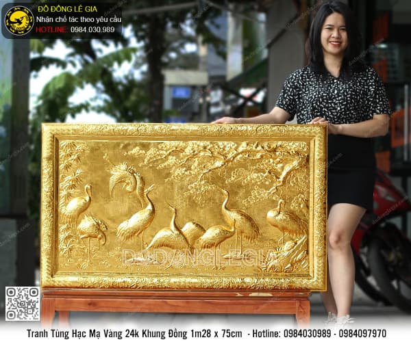 Tranh Tùng Hạc mạ vàng 24k khung đồng 1m28x75cm