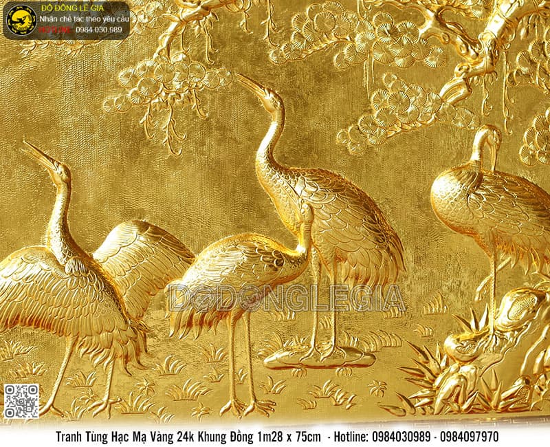 Tranh Tùng Hạc mạ vàng 24k khung đồng 1m28x75cm