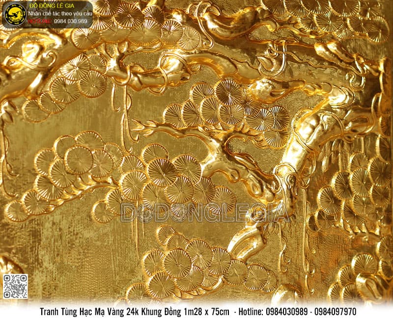 Tranh Tùng Hạc mạ vàng 24k khung đồng 1m28x75cm