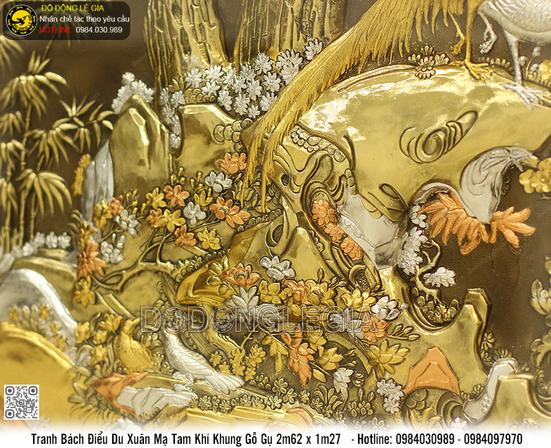 Tranh Bách Điểu Du Xuân mạ tam khí khung gỗ gụ 2m62 x 1m27